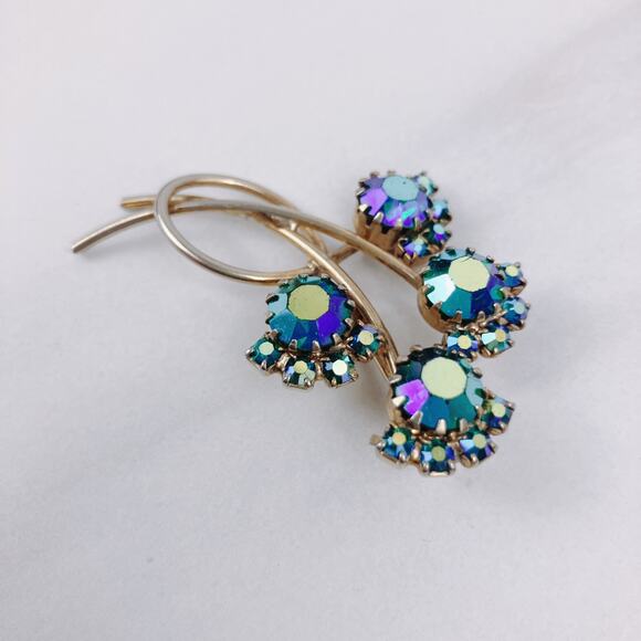 Mid Century Blue AB Rhinestone Bouquet Floral Spray Brooch, 1950s AB Vintage Pin - Picture 5 of 9